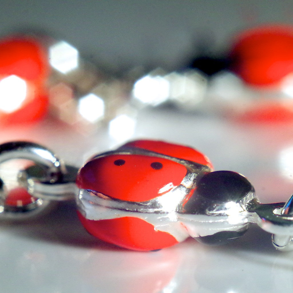 Red ladybug charm bracelet sterling silver